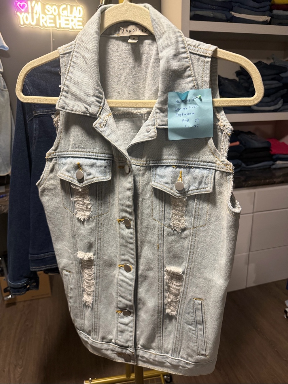 36 Point 5 Light Wash Distressed Denim Vest